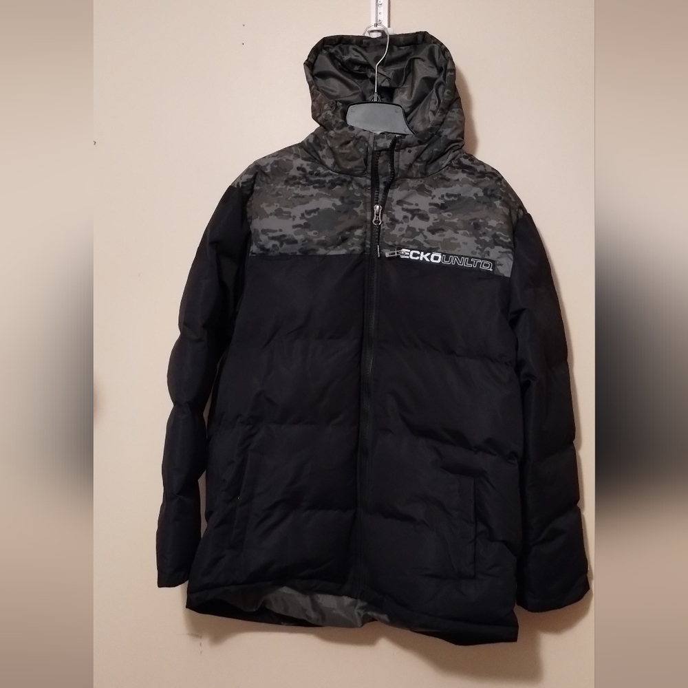 Men's Ecko Winter Puffer Jacket, Streetwear, Black Camo, Size Large - NWT